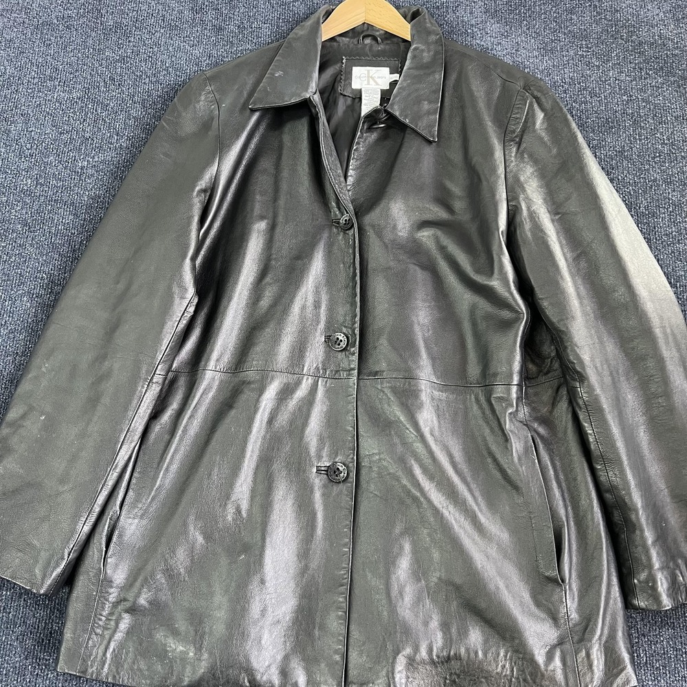 Calvin Klein Jeans Jacket Womens‎ XL Black Leather Button Front Long Car Coat